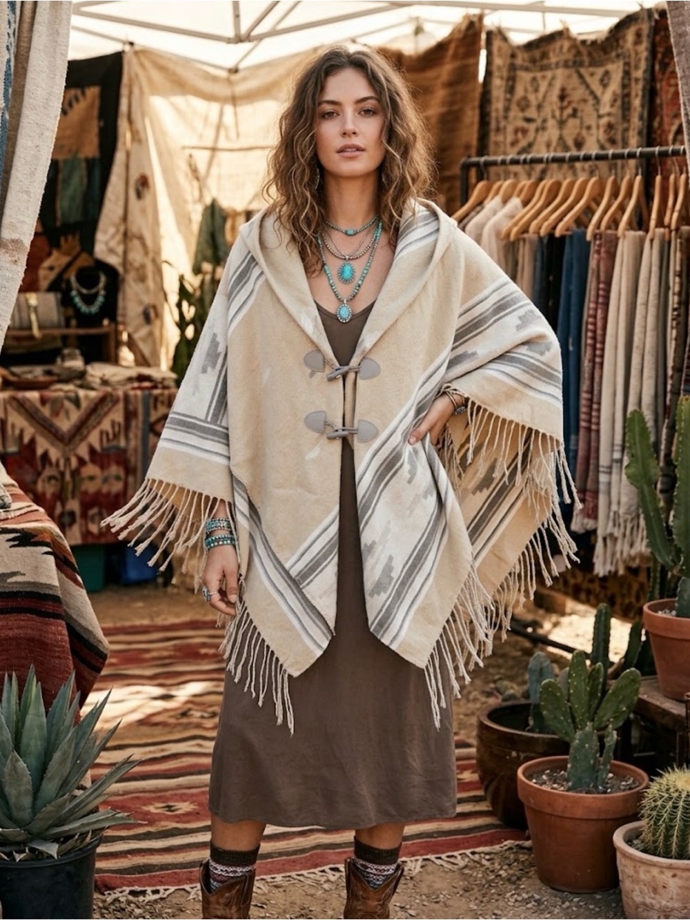 NWT Claire's Southwestern Fringe Poncho Cape Beige Aztec Toggle Closure OS